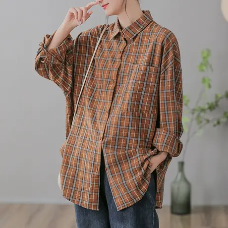 dza 文艺复古宽松polo格子衬衫外套女春秋季休闲长袖上衣百搭衬衣图片