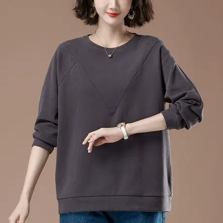 中年妈妈卫衣女加肥加大码宽松显瘦春秋季薄款纯色圆领灰色上衣女商品大图