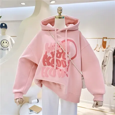 2023春秋薄款百搭复古桃心字母宽松大码韩版连帽卫衣女帽衫外套潮商品大图