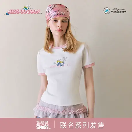 MISSCOCOON可可尼蓝精灵联名打底T恤女2025秋季新款白色棉短袖图片