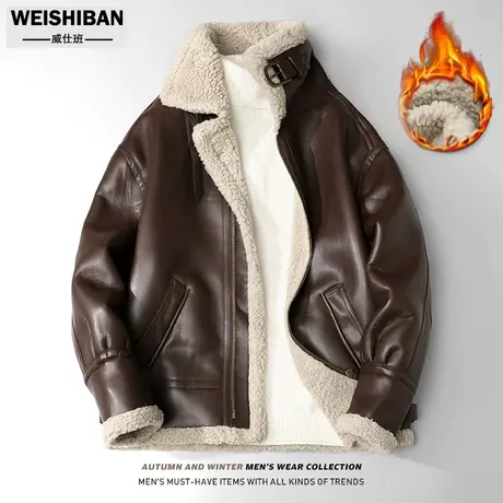 高级感复古羊羔毛保暖皮衣男皮毛一体冬季翻领宽松PU加绒加厚外套商品大图