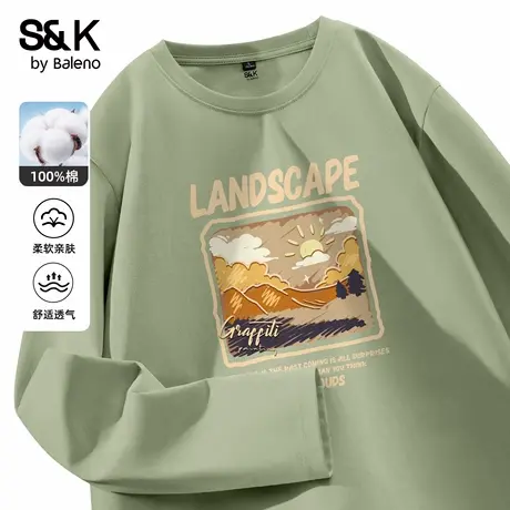 班尼路S&K纯棉长袖T恤男秋季青少年户外运动叠穿上衣宽松大码体恤图片