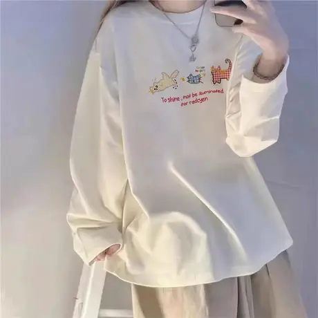 超火微胖慵懒风超好看长袖T恤女纯棉韩系简约chic打底衫上衣服ins商品大图