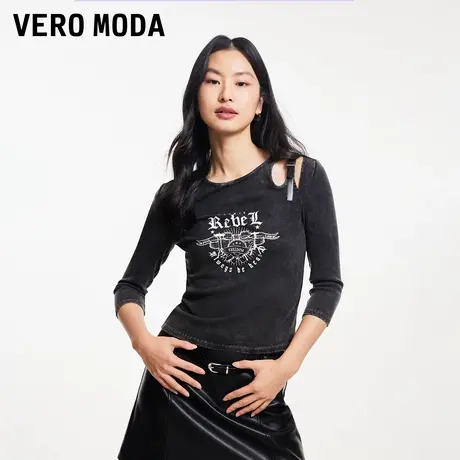 Vero Moda奥莱T恤女早秋新款圆领镂空印花做旧复古时髦百搭上衣商品大图