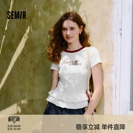 森马短袖T恤女印花撞色修身小众2025新款夏季甜美荷叶边上衣俏皮商品大图