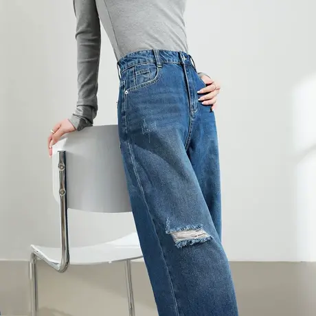 复古破洞牛仔裤女2025春秋季新款高腰宽松直筒垂感窄版阔腿拖地子商品大图
