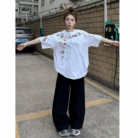 国潮纯棉美式白色短袖t恤女夏季2025新款设计感小众宽松半袖上衣商品大图