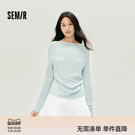 森马长袖T恤女短款薄款纯色设计感2025秋新款修身荡领套头衫百搭商品大图