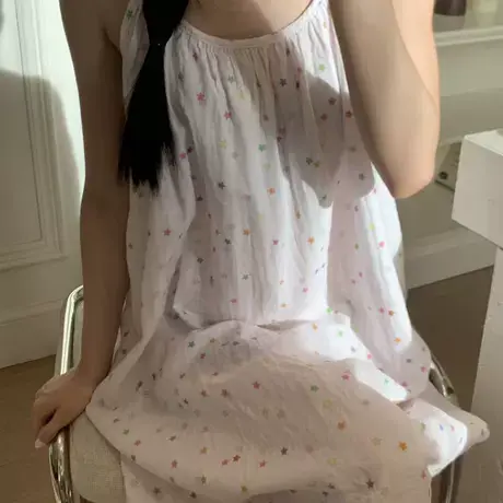 甜美可爱七彩小星星全棉双层纱布吊带睡裙宽松家居服可外出商品大图