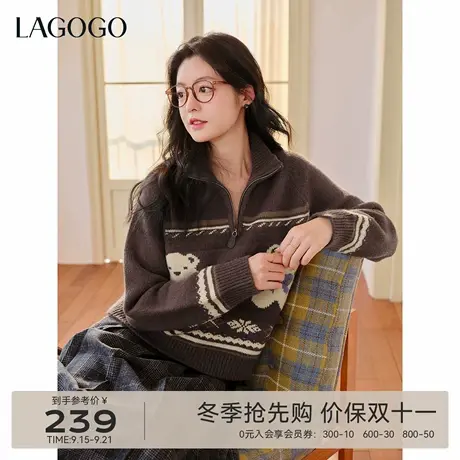 LAGOGO小熊乐园半高领针织衫女拉谷谷2025年冬季新款可爱提花毛衣商品大图