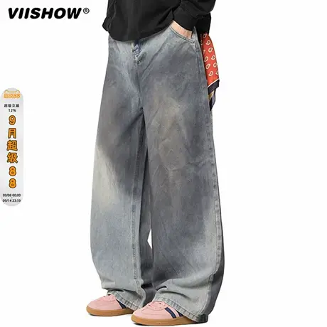 VIISHOW美式cleanfit脏脏牛仔裤男秋季直筒做旧水洗阔腿长裤潮牌商品大图