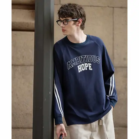 唐狮秋季新款长袖T恤男士撞色拼条插肩袖印花打底潮韩版帅气TMTA图片