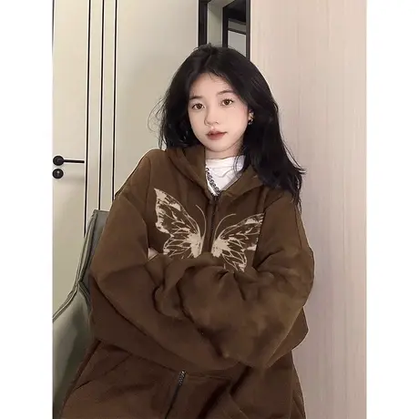 美拉德外套女2023爆款秋冬加绒加厚美式复古高级感连帽开衫卫衣潮商品大图