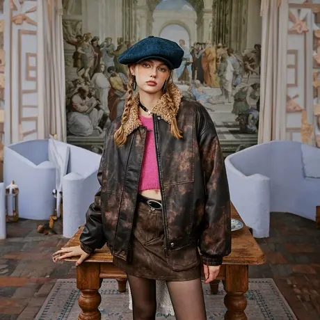 复古扎染PU皮棉服女冬季加厚棒球服外套2023新款拼接潮牌宽松棉衣商品大图