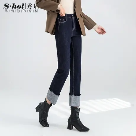 秀后翻边显瘦法棍裤女高腰百搭好穿直筒牛仔烟管裤2023秋季新款商品大图