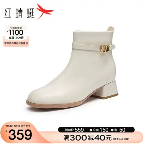 红蜻蜓女靴2023冬季新款时装靴粗跟通勤短靴加绒保暖气质妈妈靴商品大图