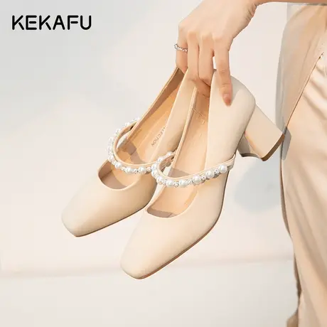 珂卡芙法式单鞋女2023新款秋季气质浅口玛丽珍粗跟高跟鞋晚风鞋子图片