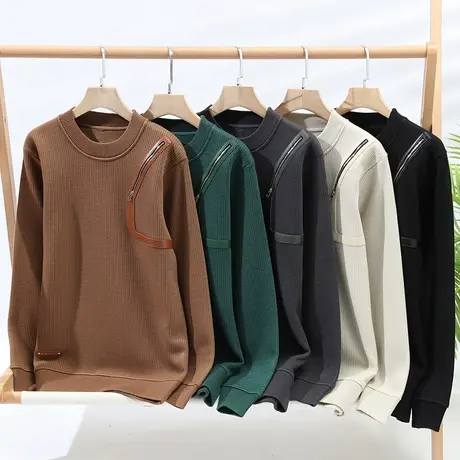 秋冬新款男士休闲加厚一体绒毛衣御寒羊毛打底衫圆领厚款保暖上衣商品大图