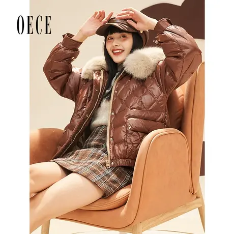 Oece短款羽绒服冬新款女复古小个子气质大毛领外套商品大图