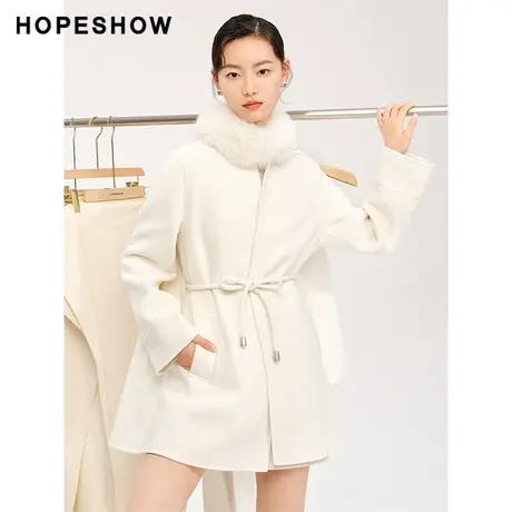 红袖outlets系带斗篷式双面呢大衣hopeshow2023冬款狐狸毛领外套商品大图