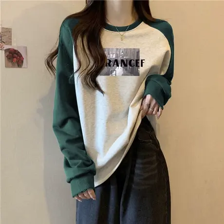 美式复古圆领卫衣女秋冬季撞色拼接宽松加绒加厚长袖上衣潮牌外套商品大图