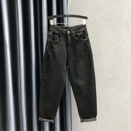 黑色简约哈伦裤女秋冬新款个性贴布高腰小众百搭加绒老爹牛仔长裤商品大图