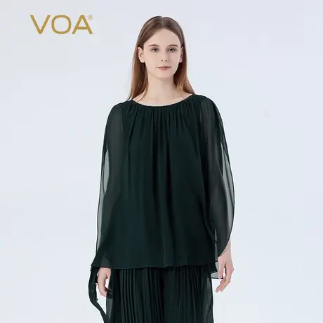 VOA桑蚕丝孔绿乔其圆领前后飘片立体装饰木耳花腰带宽松直筒T恤女图片