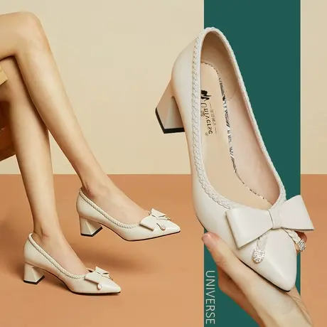白色方跟单鞋春款女鞋年新款 百搭皮鞋5.5厘米水钻粗跟高跟鞋图片