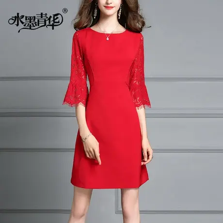 【1件7.9折】早冬新品时尚拼接蕾丝圆领修身A摆纯色连衣裙商品大图