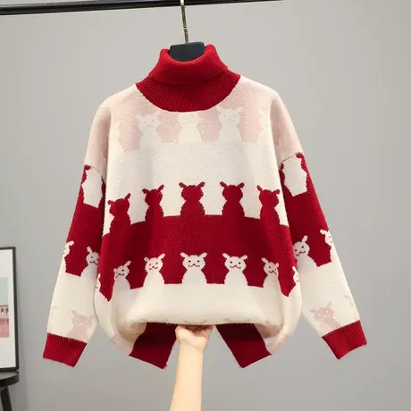 22131新款高领卡通兔子针织衫毛衣内搭厚款打底衫女士长袖上衣图片