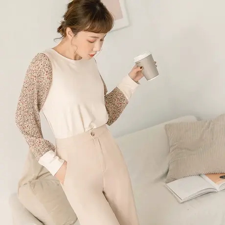 桔熊秋冬季假两件上衣女装百褶碎花长袖拼麂皮磨毛衫大码AB14413图片