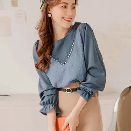 桔熊春秋季韩版舒适立体圆点拼接钉珠泡泡袖上衣女装大码AB16224图片