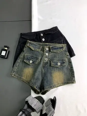 辣妹风高腰排扣口袋装饰牛仔短裤女夏季新款弹力紧身A字阔腿热裤商品大图