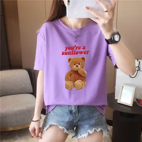 短袖t恤女2024年新款女装纯棉宽松韩版小熊白色半袖上衣女ins潮夏商品大图