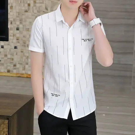 短袖衬衫男夏装修身上衣翻领衬衣青少年条纹男装韩版打底衫潮半袖商品大图