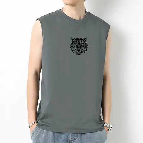 重磅纯棉背心男士夏季薄款跨栏健身运动篮球坎肩虎头印花无袖t恤商品大图