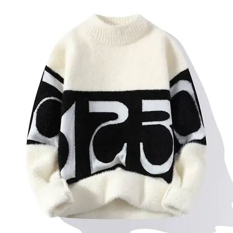 一体绒半高领毛衣男秋冬季软糯水貂绒针织衫男士线衣加绒加厚外套商品大图