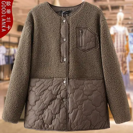 大码中年胖妈妈冬季羊羔绒拼接棉衣宽松时尚加厚保暖皮毛一体外套商品大图