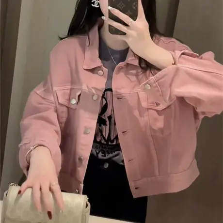 宽松短款粉色牛仔外套女2023春季新款显瘦韩版百搭小个子休闲上衣商品大图