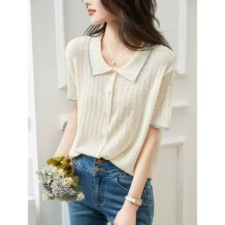 是时尚气质短袖针织衫2023年夏季新款淑女温柔翻领显瘦通勤上衣商品大图