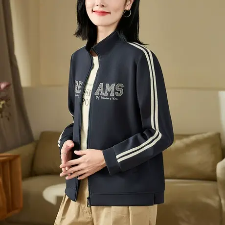 立领外套女士春秋季时尚宽松拉链卫衣开衫洋气百搭棉质运动棒球服商品大图