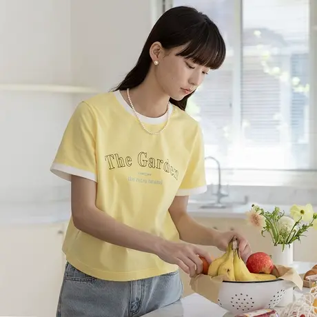 omont蛋挞家 复古字母印花撞色罗纹短袖T恤女夏休闲百搭新款上衣图片