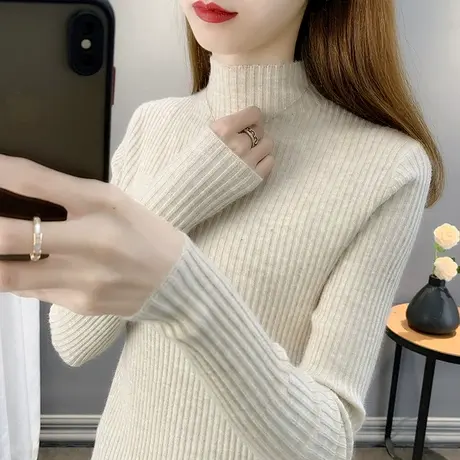 打底衫女内搭秋装女2023年新款半高领坑条紧身针织设计感小众毛衣图片