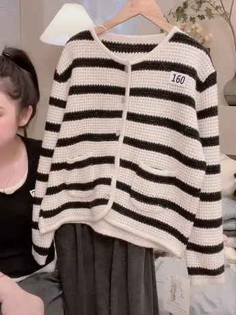 小香风高级感针织开衫女2023秋装新款韩版宽松气质条纹百搭上衣洋图片