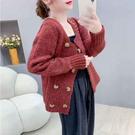 双排扣圆领针织开衫女早秋2023新款女装日系复古百搭毛衣外套上衣商品大图