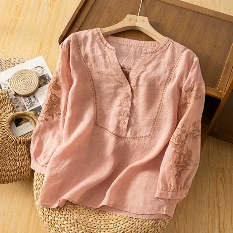 享永子七分袖刺绣苎麻衬衫女夏文艺复古宽松棉麻上衣气质2024新款商品大图