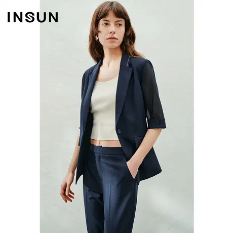 INSUN恩裳线上专选夏季暗亮丝拼接微透袖西装外套商品大图