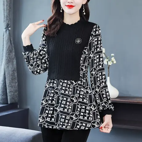 印花雪纺衫女长袖春秋季2023年新款中长款上衣大码遮肚子胖mm显瘦商品大图