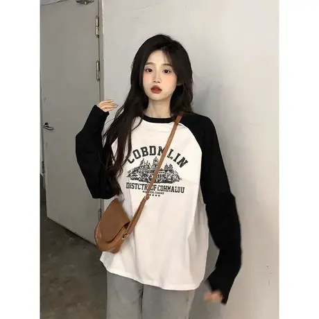 欧货时尚打底衫2023秋冬新款插肩袖撞色设计感小众长袖T恤女上衣商品大图