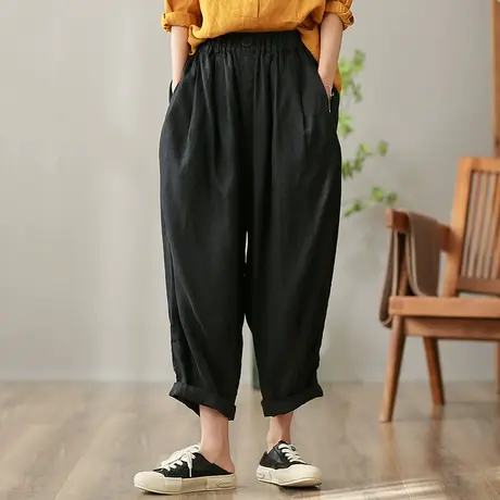 dza 高腰显瘦纯亚麻休闲裤女士2023夏季宽松哈伦裤九分阔腿直筒裤图片